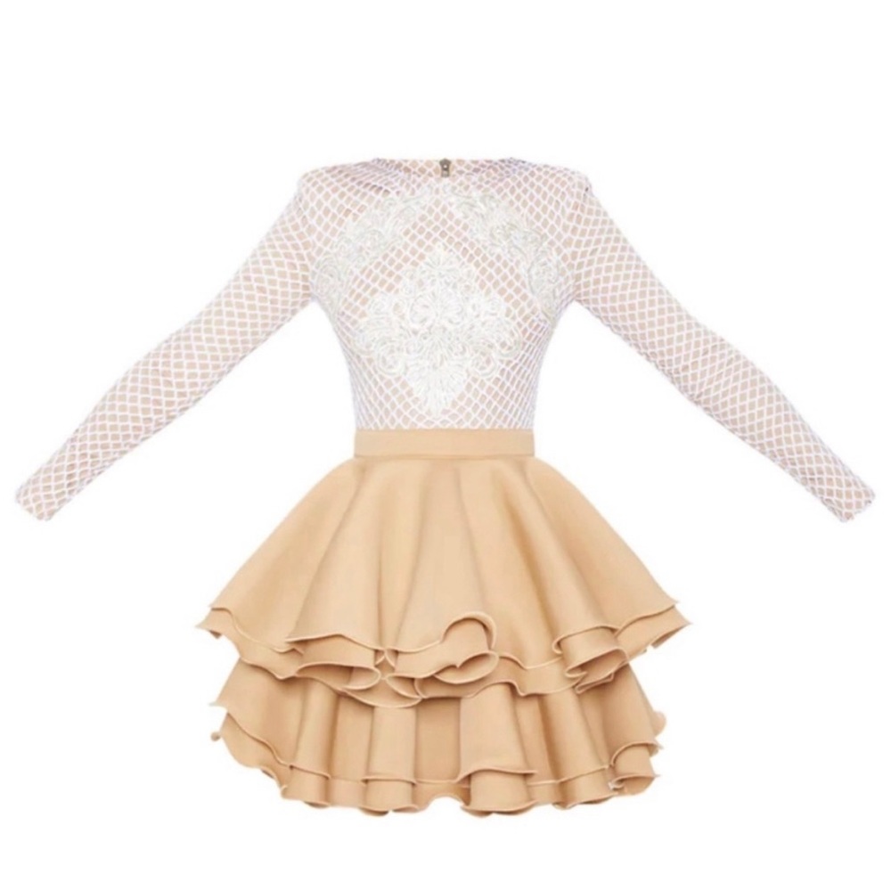 Stunning nude appliqué detail ruffle tiered dress